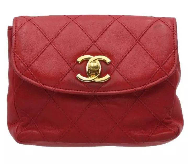 CHANEL CC Bicolore Chain Belt Waist Bum Bag Fanny Pack Lambskin Red Used