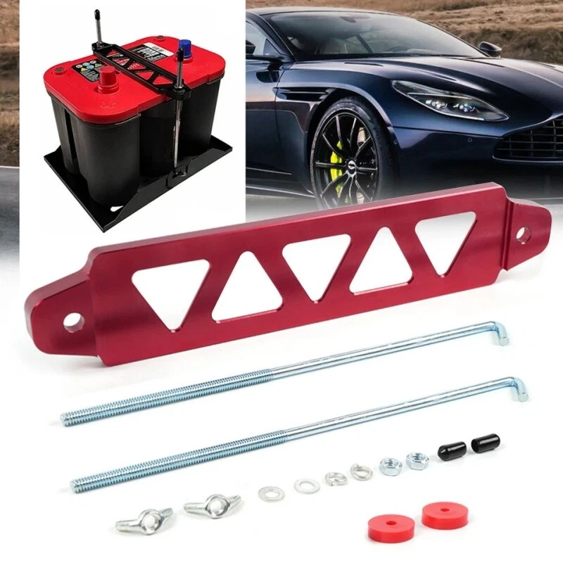 Kit de montaje de soporte de amarre universal de aluminio rojo para batería de automóvil + pernos en J de 10"" Foto 4 de 4