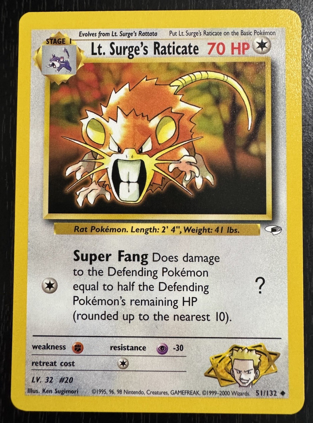 Lt. Surge's Raticate 51/132 Uncommon Gym Heroes Pokemon Unlimited Near Mint