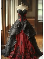 Dark Red Black Gothic Wedding Dress Lace Appliques Corset Vintage Bridal Gown
