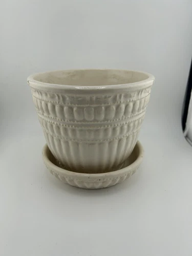 1960s Vintage McCoy Beaded White 3-3/4" Flower Pot Planter with Saucer