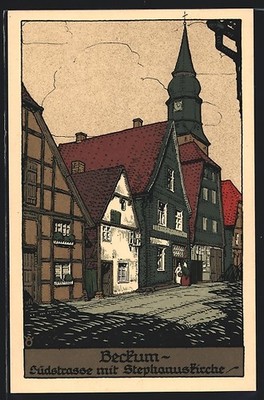 Steindruck-AK Beckum / Westf., Südstrasse mit Stephanuskirche 