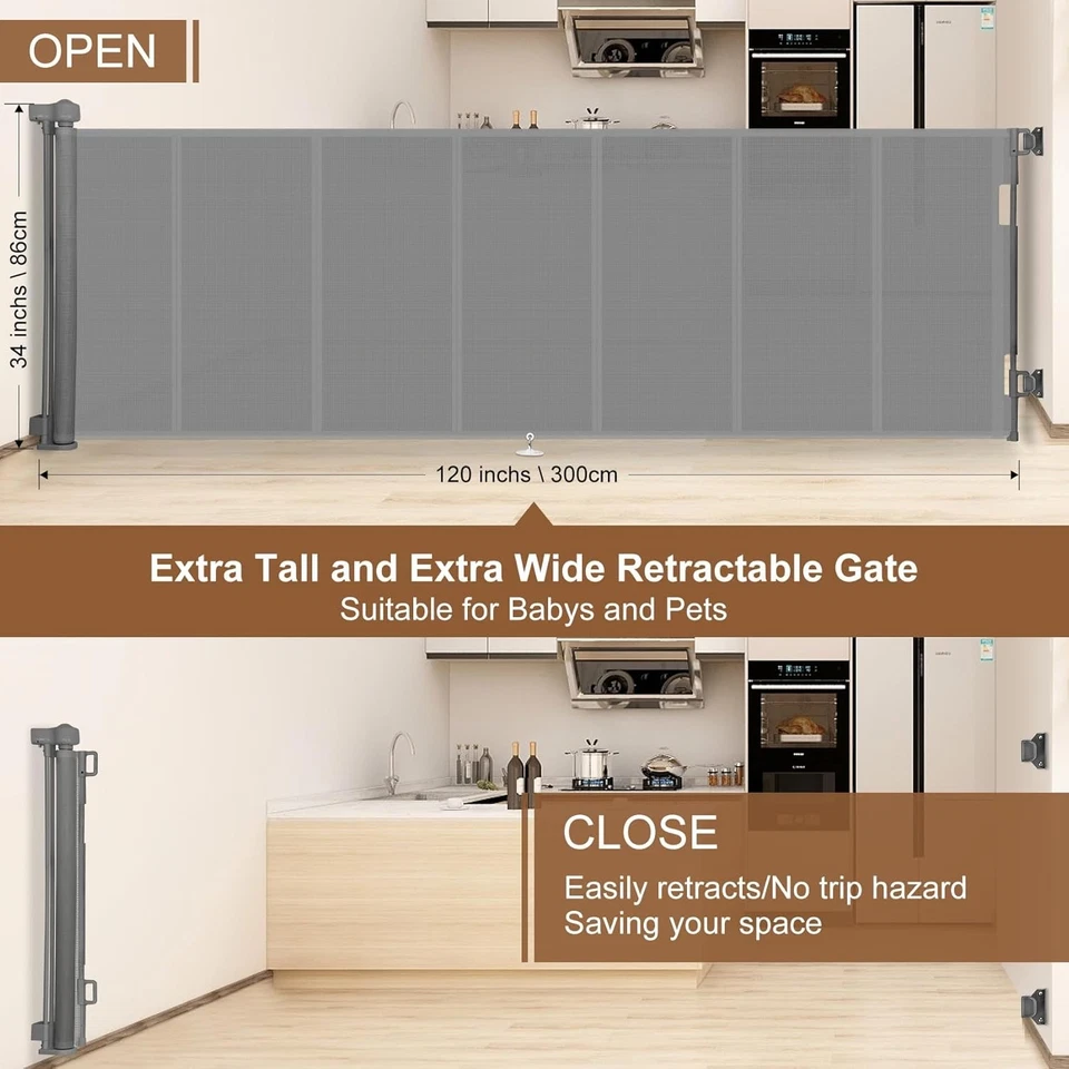 可伸缩婴儿门 120 英寸 BTXON 超宽网眼婴儿门 34 英寸超高 — 第 4/4 张图片