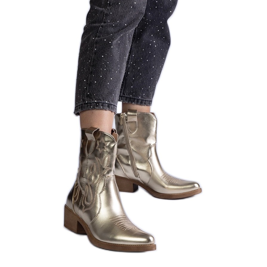 Botas cowboy mujer doradas con botines tacón metalizado dorado