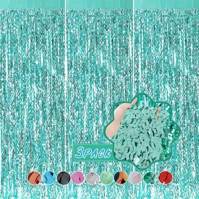 3 Pack Teal Aqua Blue Wave Foil Curtains  3.3 ft x 6.6 ft Tinsel Metallic Str...