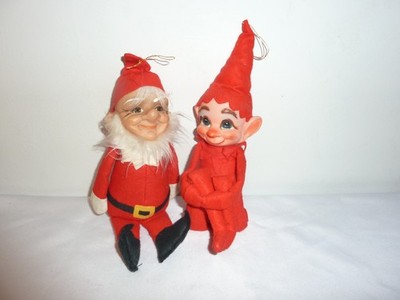 2 Vintage Christmas Kamar Red Pixie Elves Gnome Knee Hugger Japan 60s Dolls