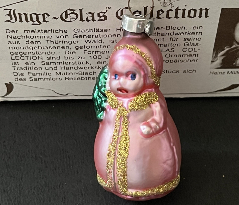 AWESOME Vtg. 1984 German BABY DOLL Glass Xmas Ornament with Box Certificate MINT