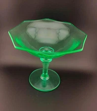 Vintage Green Vaseline Uranium Glass Octagonal Pedestal Compote Candy Dish 