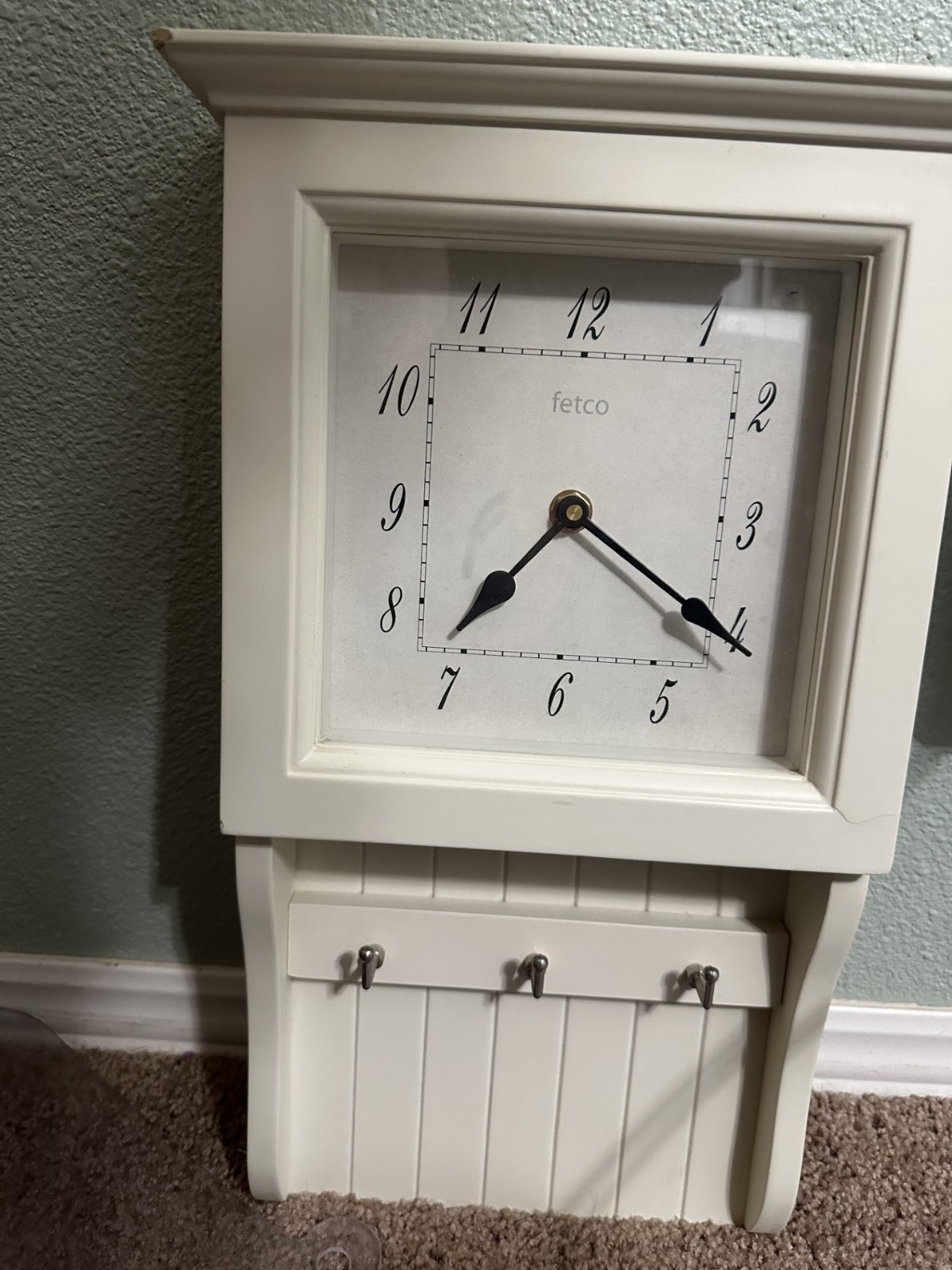 Fetco Wall Clock Home Decor White with 3 Hooks Country Farmh