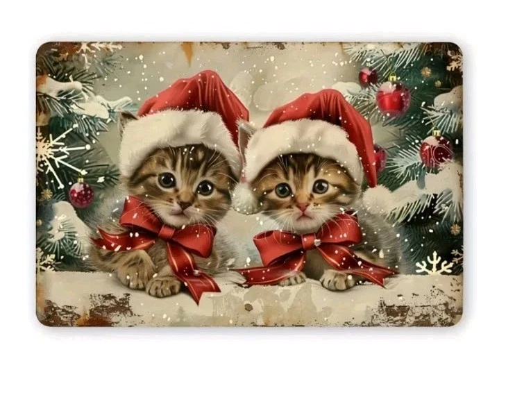 Vintage Christmas Kittens Santa Hat Metal Tin Sign 12x8 Iron Xmas Wall Art Gift - Image 4 of 4