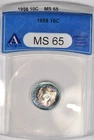 1958 TONED Roosevelt Dime ANACS MS 65 See Video Toning Silver Coin 10C
