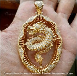 Authentic Diamond Lab-Created 2.50Ct Round Dragon Pendant 14K Yellow Gold Plated Silver