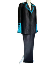 2 Pc Tuxedo Formal Suit Satin Black Dupioni L Royal Blue Cuff Classic Wide Lapel
