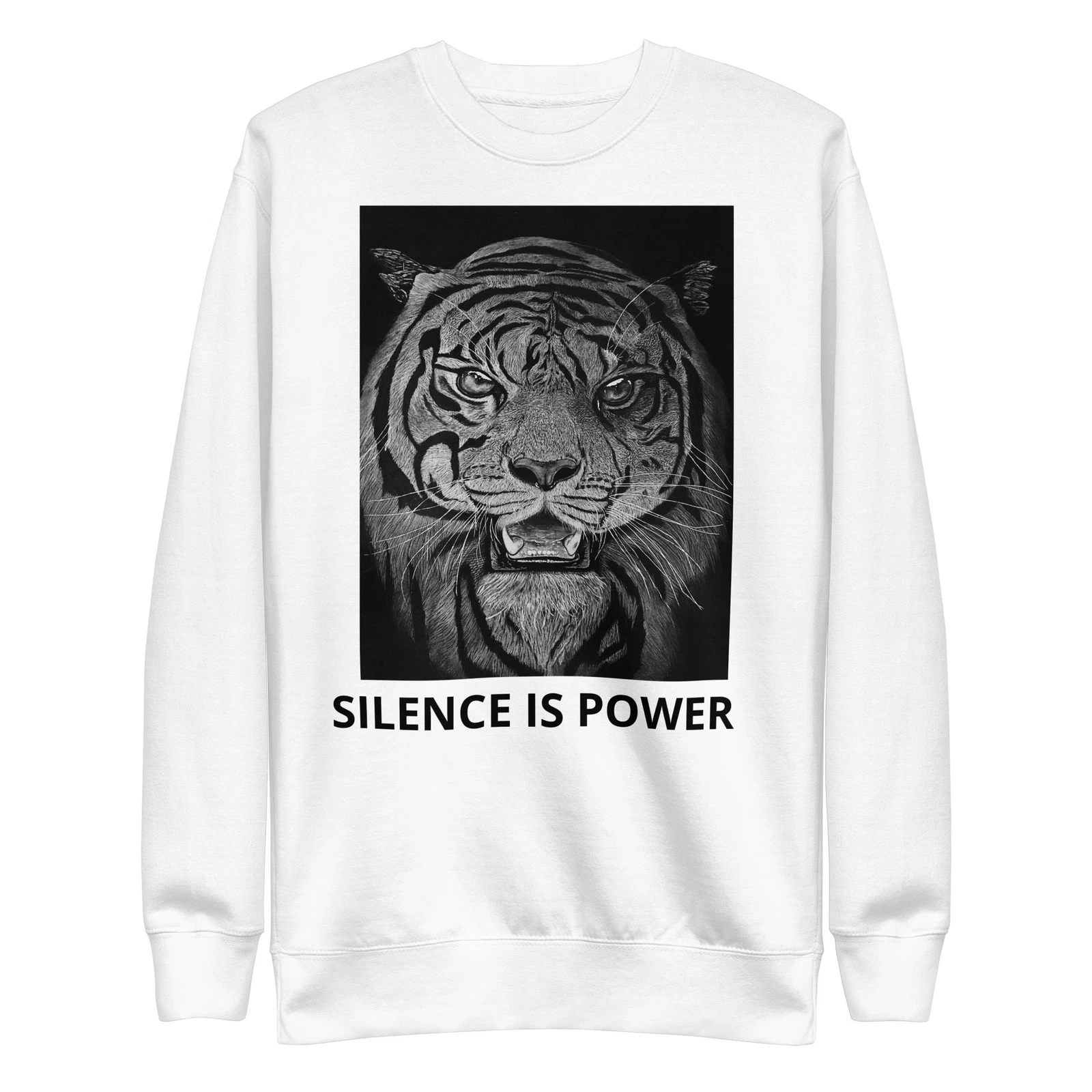 Unisex White Sweatshirt – Charcoal Tiger “Silence Is Power” Premium Cotton