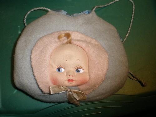 Vintage Child's Blue Woold Muff Purse w/ Doll Face (SU81)