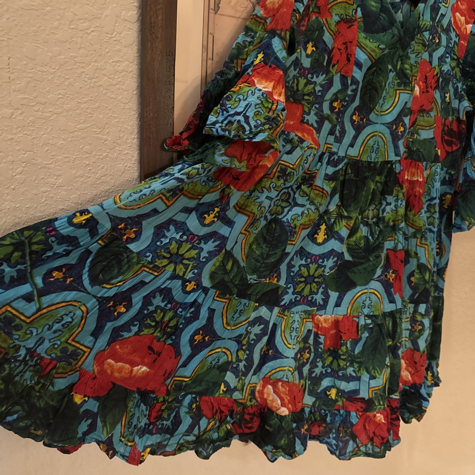 KikiSol Womens xl Teal red green tiles Print V-Neck Pleated Dress Beach Resort