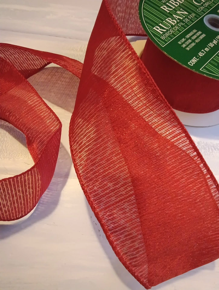 Wide Ribbon 2.5 inch Red Glitter Stripes Translucent Christmas Wired Festive - Image 4 of 4