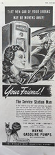 1940s Wayne Gasoline Pumps Service Station Man Dog Car Fort Wayne VTG Print Ad