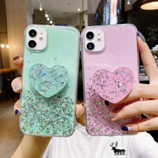 For Samsung Galaxy S25 S24 S23 S22 S21 S9 Glitter Bling Heart Bracket Phone Case