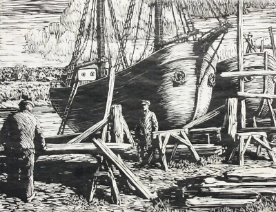 Paul Müller, signierter Holzschnitt, "Werft", Schiffsbau, Marine 20. Jahrhundert - Bild 1 von 4