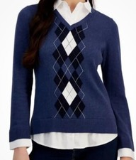 Tommy Hilfiger medium argyle layered blue and white cotton sweater Preppy