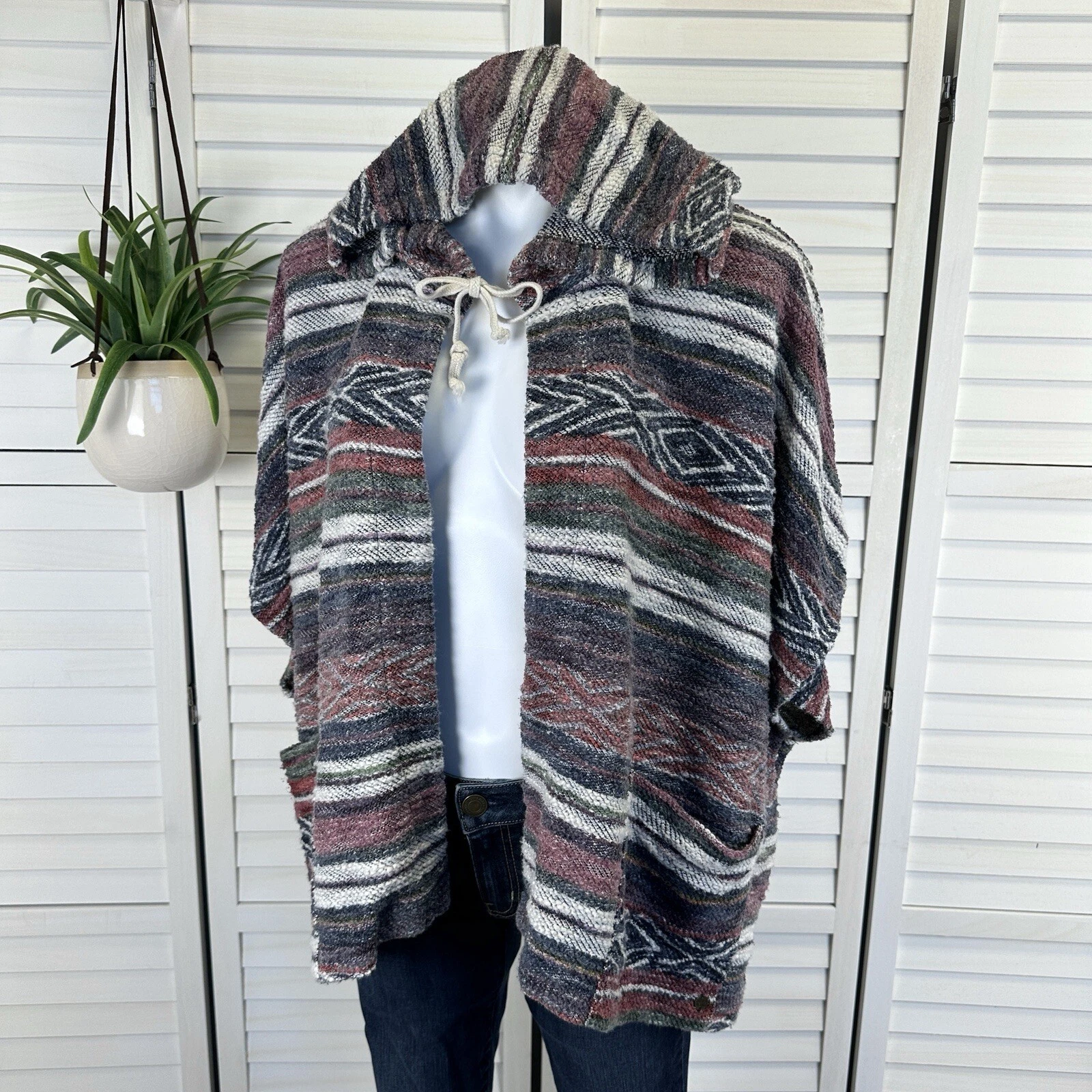 Billabong Shadow Views French Terry Hooded Poncho Open Cardigan Cover Up Size M