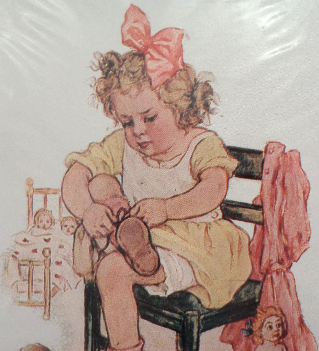 Victorian Lithograph Print Picture Birthday Girl Slippers