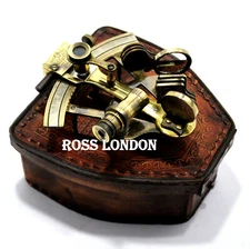 ROSS LONDON Antique Nautical Style Brass Ship Sextant 4 Inch With Leather Box