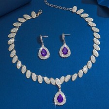 Purple/Clear/Blue Crystal Rhinestone Oval Teardrop Necklace Earrings Jewelry Set