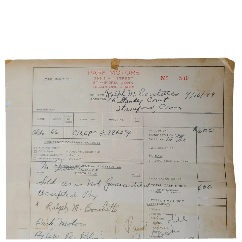 Vintage OLDSMOBILE SERIES 66 Car Invoice from 1949 Receipt Auto Stamford CT - Image 3 of 4