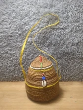 1970s Ukhamba Woven African Beaded Jar Basket