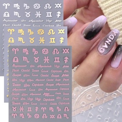 Zodiac Signs Words Nail Art Stickers: Symbols Astrologic Keys Gold Silver Pink