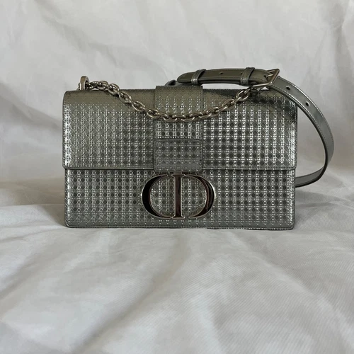 Sac bandoulière Christian Dior argent micro cannagè cuir Montaigne rabat chaîne