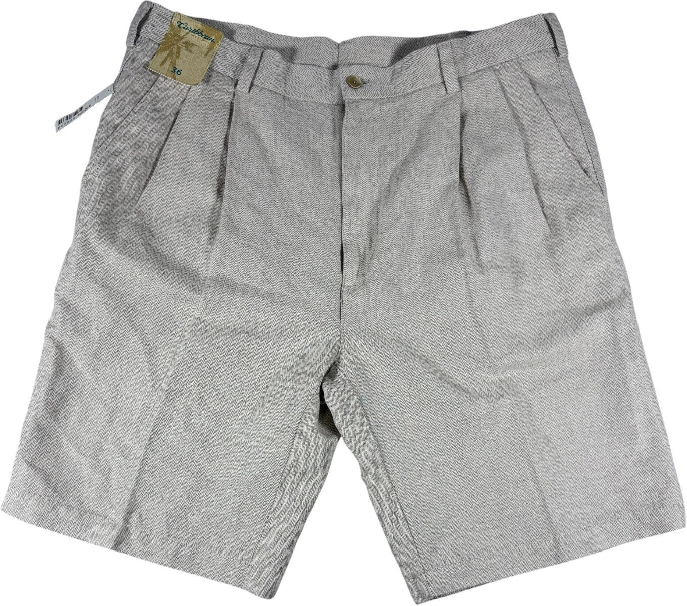 NWT Caribbean Men’s Pleated Linen Blend Shorts Size 36 Beige Herringbone