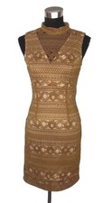 Enfocus Studio Dress 4 Sheath Green Nude Beige Illusion Lace Knit High Collar S