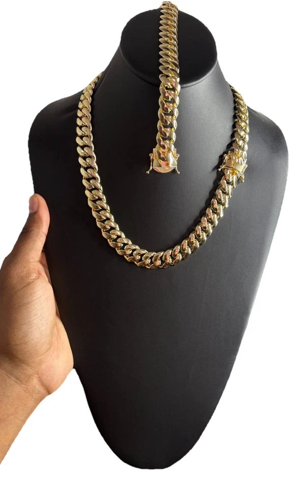 Cadena Cubana & Pulsera Chapada en Oro 14k, 12mm tamaño 20-24in Foto 2 de 4