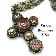 Sweet Romance USA Cross Art Glass Pendant Necklace, Rhinestones, 20 In
