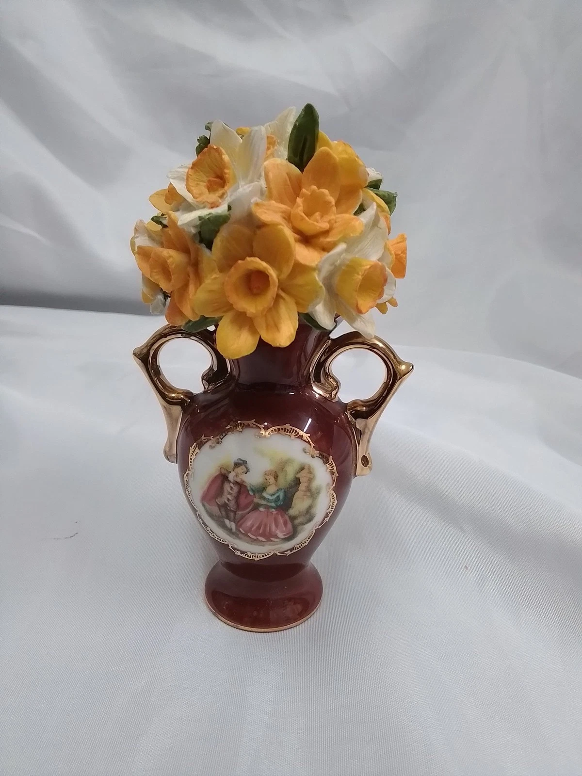 Atlas Editions Vintage Porcelain Vase with Flowers & Gold Handles - Z#4403
