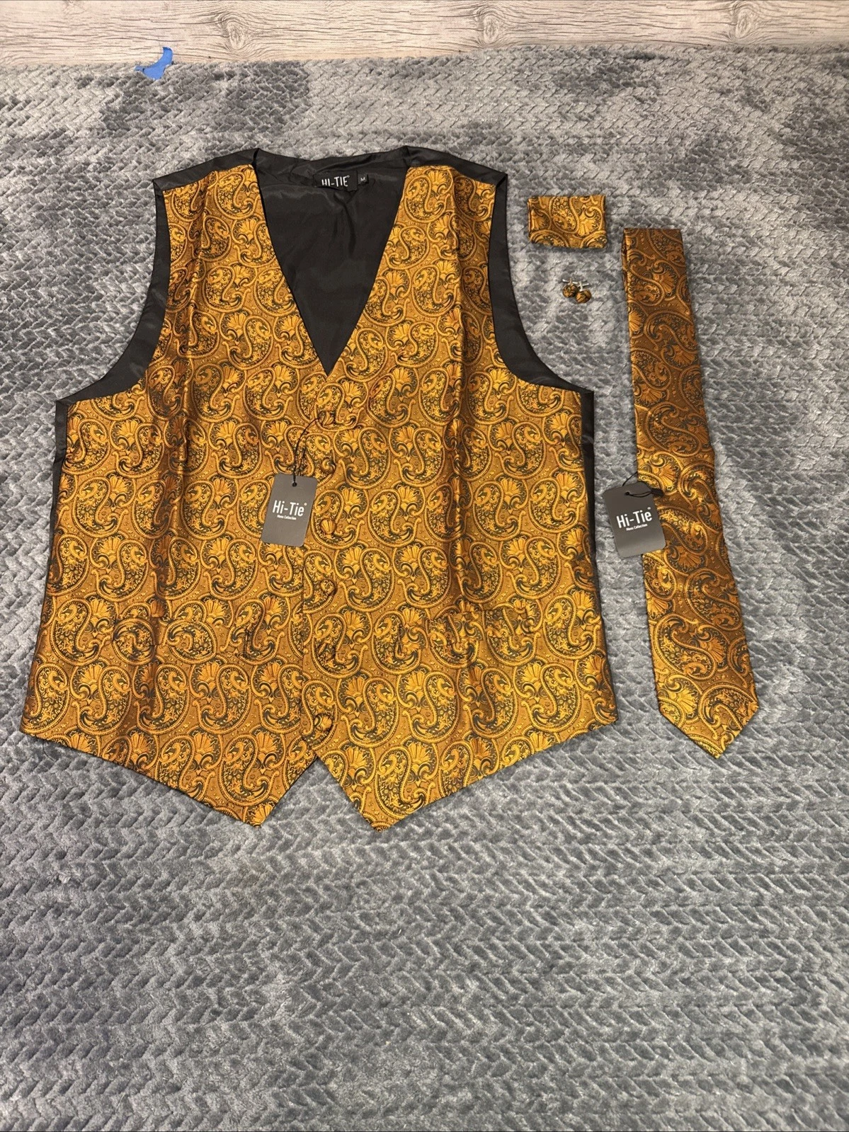 HI-Tie Mens Waistcoat Gold /Orange Vest Tie Hankie Cufflinks Set Party