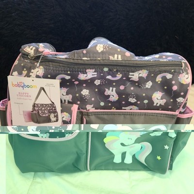 Baby Boom Pink and Grey Unicorn Diaper Bag with Multiple Pockets & Changing Pad