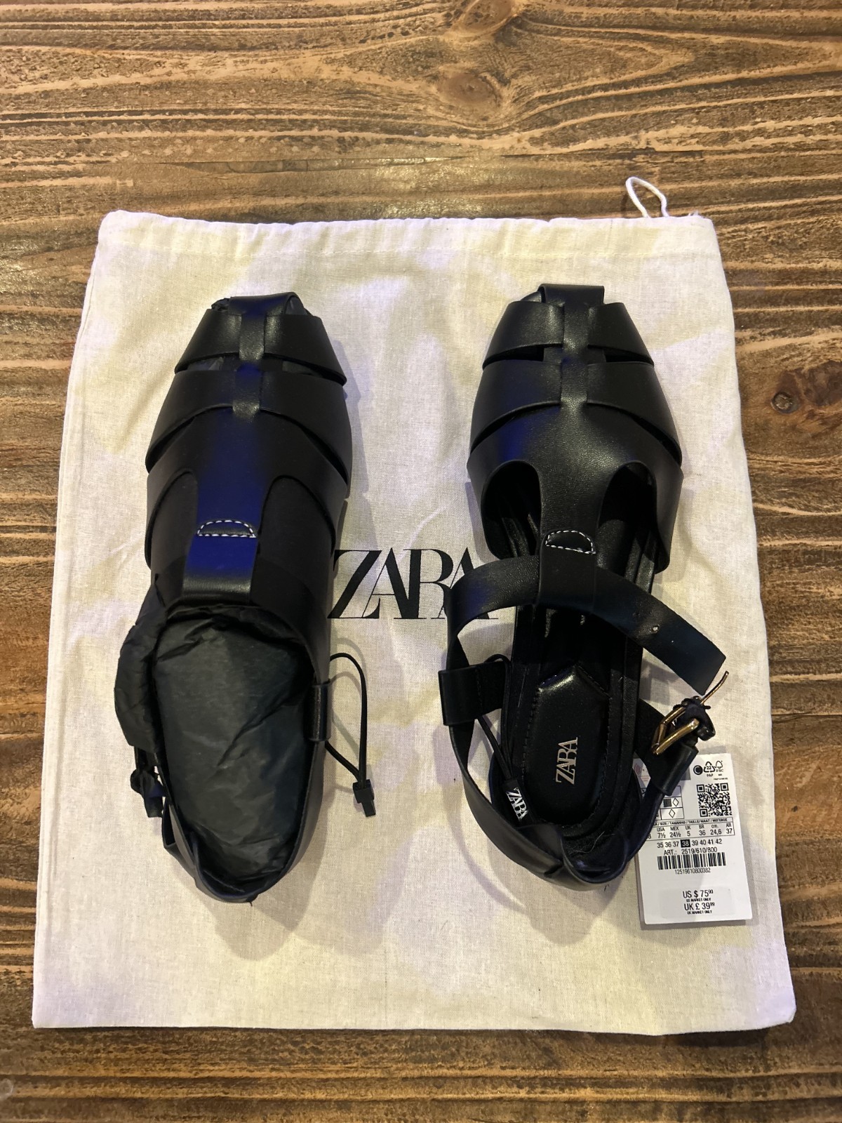 ZARA Women's Strappy Sandals Black Leather Flat Summer Casual