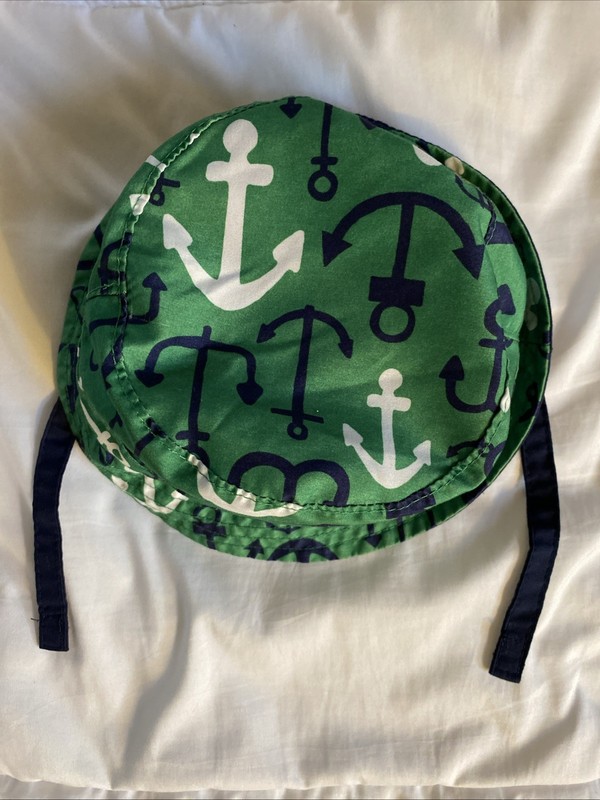 Adorable 6-12 Mos. Baby Sun Boat Hat Reversible Green Blue Nautical Anchor Whale