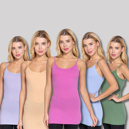 Women's Long Cotton Cami Adjustable Strap Soft Stretch No Bra Tunic Tank Top