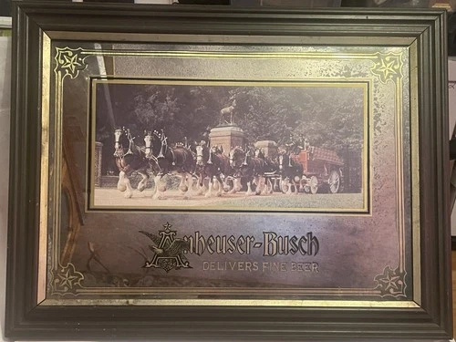 Vintage Anheuser Busch Budweiser Clydesdale Delivers Beer Sign Mirror 26x20”