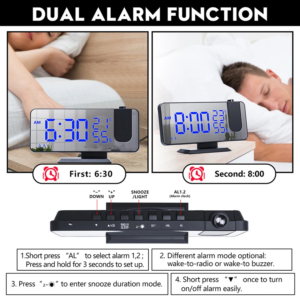 7.5" LED Digital Projector Projection Snooze Dual Alarm Clock FM Radio Timer USB - Image 4 of 4