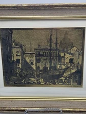 Etched Gold Foil Art "Little Boatyard" Venice, CA by Lionel Barrymore Framed