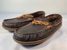 L.L. Bean Handsewn Flannel Lined Moccasin Slippers Men's Brown Leather - US 12