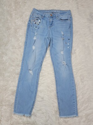 Vanilla Star Size Mid Rise Skinny Jeans Jeweled Distressed Light Wash J 