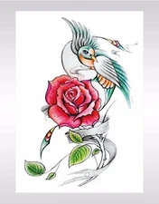 bird rose large 8.25" temporary arm tattoo waterproof fake tattoos