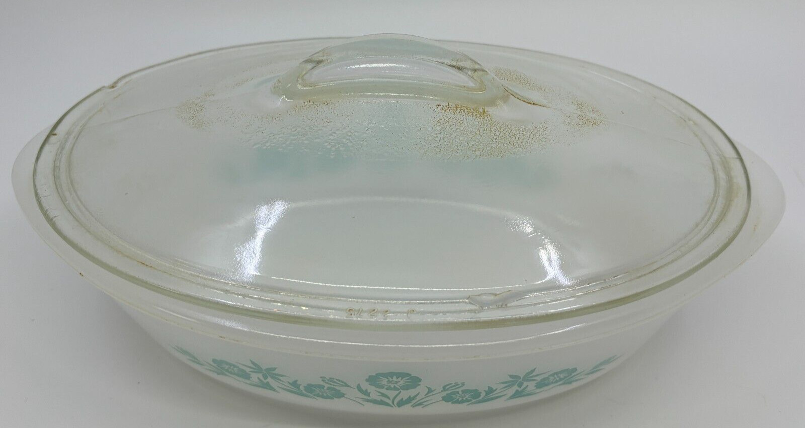 Vintage 1961-83 Glasbake Aqua Blue Floral on Milk Glass Oval Casserole with Lid